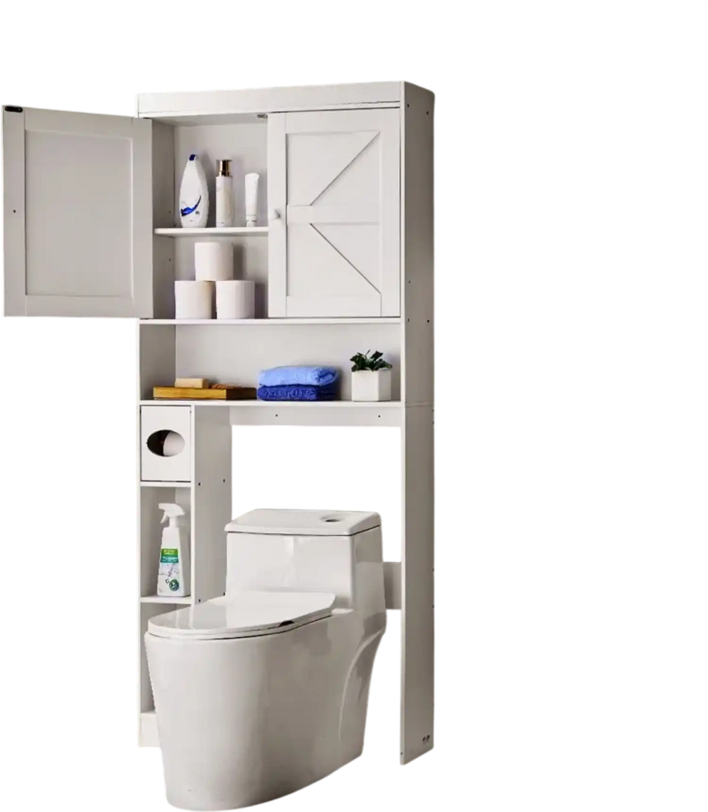 VEVOR Over The Toilet Storage Cabinet, 67.44 in Height Bathroom Storage Organizer with Double Door and Adjustable Shelf, Bathroom Space Saver Organizer Above Toilet with Open Shelf, White