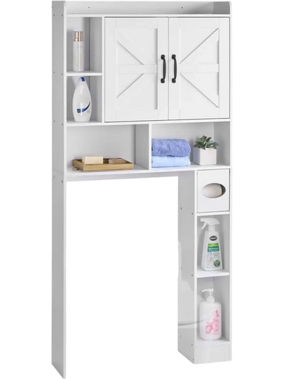 VEVOR Over The Toilet Storage Cabinet, 66.14 in Height Bathroom Storage Organizer with Double Door and Adjustable Shelf, Bathroom Space Saver Organizer Above Toilet with Open Shelf, White