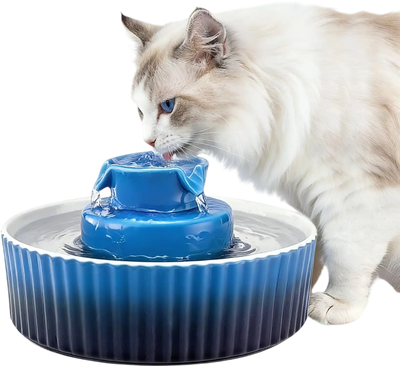VEVOR Ceramic Cat Water Fountain, 2.1L/71oz Cupcake Pet Fountain, Porcelain Cat Water Dispenser with Ultra-Quiet Pump, 360° Drinking Area and Multi-Layer Filtration System, for Cats and Dogs (Blue)