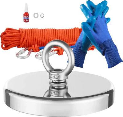 Vevor Magnet Fishing Kit 1300 lbs Single-Sided Pull Force with Rope, Grappling Hook, Gloves & Eyebolt New