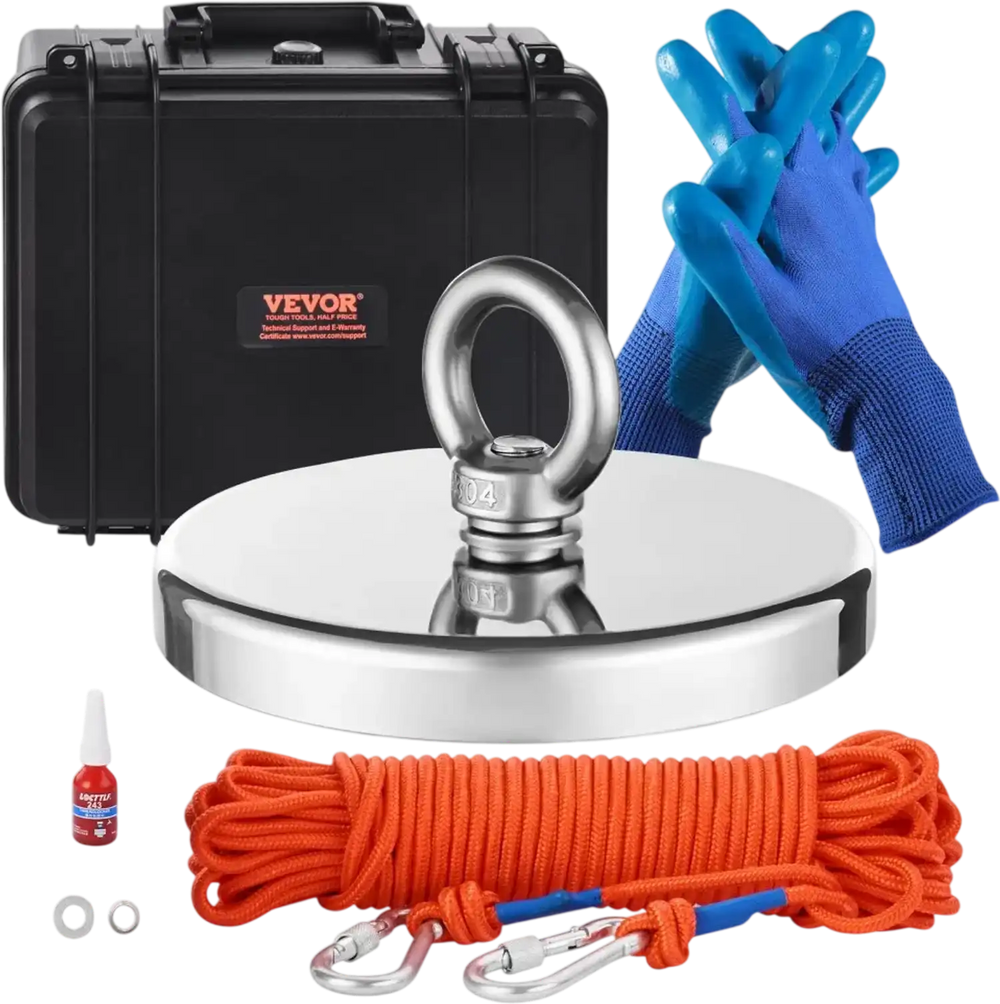 VEVOR Magnet Fishing Kit, 2000 LBS/907 Kg Single-Sided Pulling Force Magnet Fishing Kit, Rare Earth Neodymium Magnetic Fishing Kit Includes Grappling Hook, Heavy Duty Rope, Gloves, Eyebolt, Carry Case