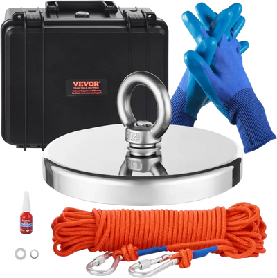 VEVOR Magnet Fishing Kit, 2000 LBS/907 Kg Single-Sided Pulling Force Magnet Fishing Kit, Rare Earth Neodymium Magnetic Fishing Kit Includes Grappling Hook, Heavy Duty Rope, Gloves, Eyebolt, Carry Case