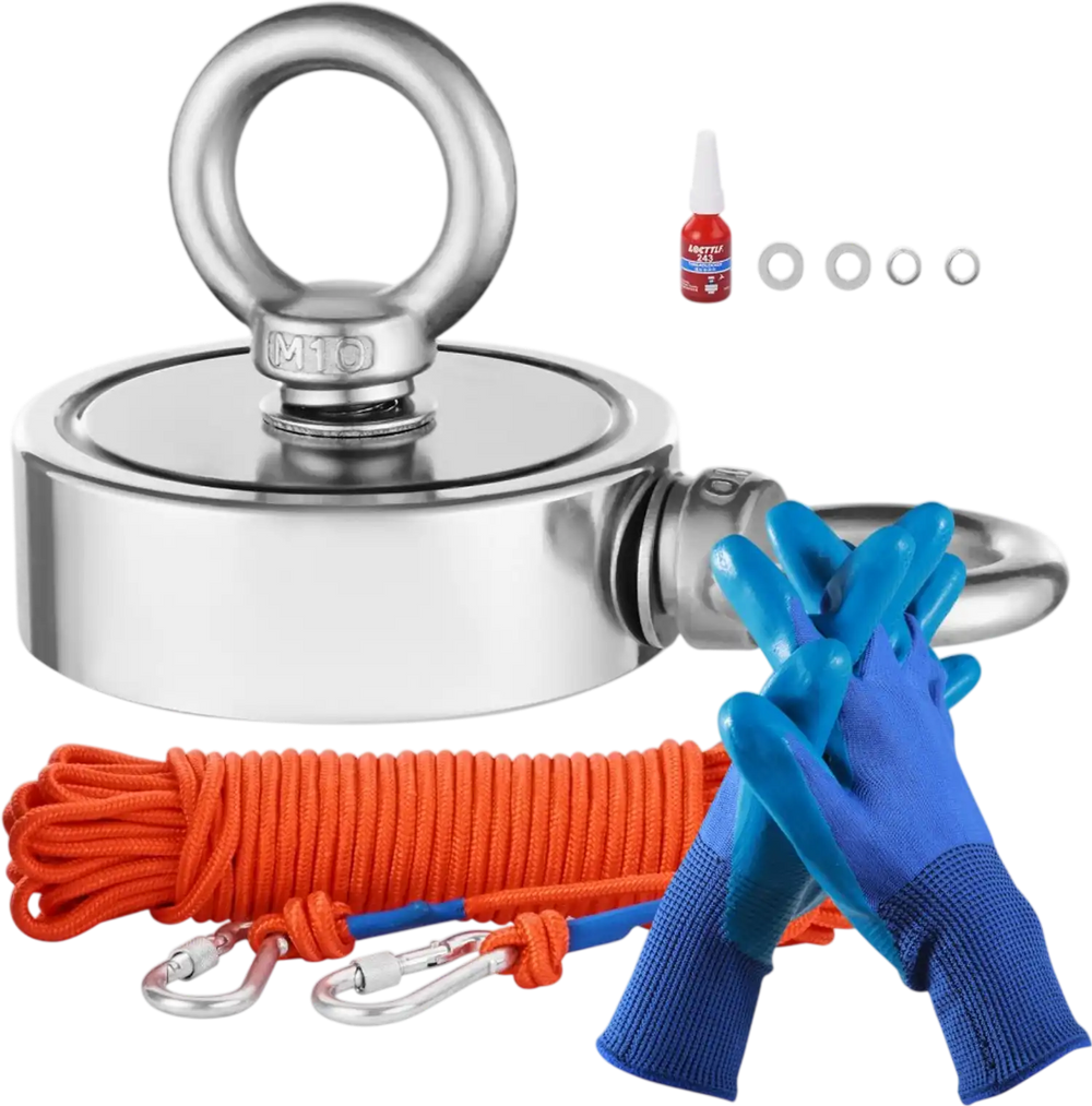 VEVOR Magnet Fishing Kit, 1000 LBS/454 Kg Double-Sided Pulling Force Strong Magnet Fishing Kit, Rare Earth Neodymium Magnetic Fishing Kit Includes Grappling Hook, Heavy Duty Rope, Gloves and Eyebolt