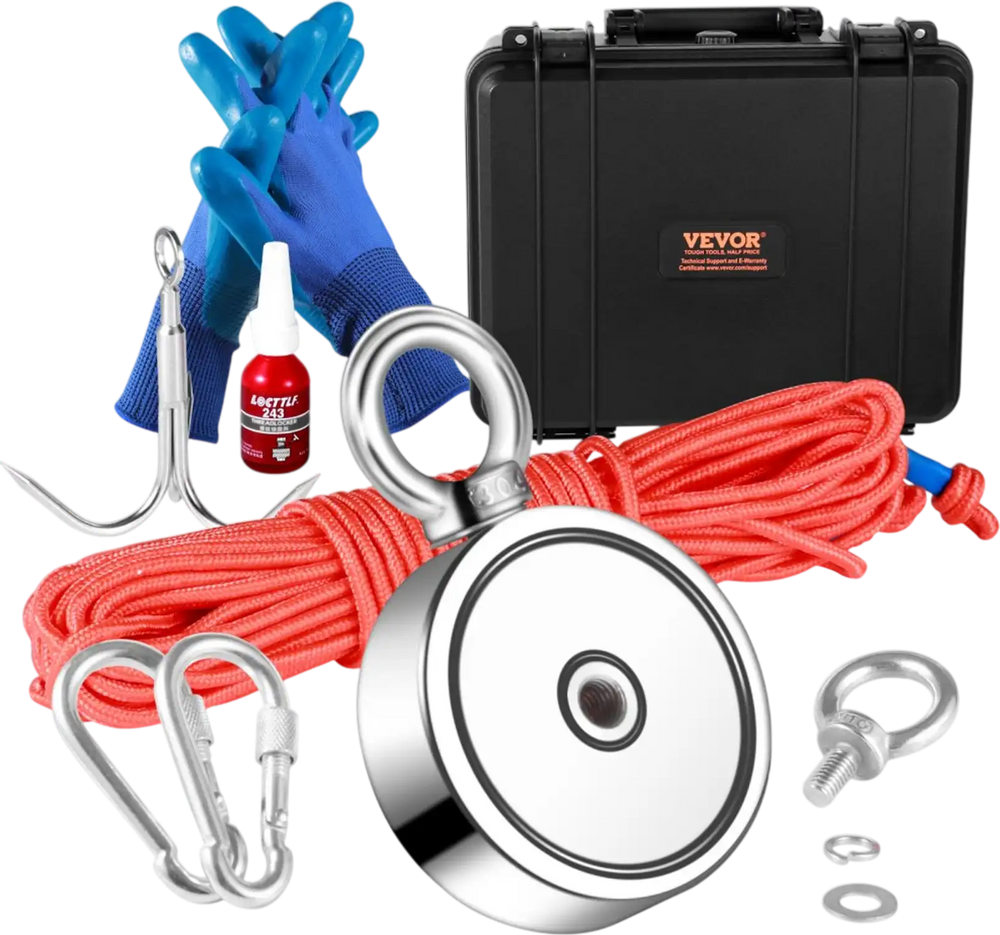 VEVOR Magnet Fishing Kit, 1200lbs 2.95inch Diameter Double Sided Fishing Magnets, Strong Neodymium Magnet with Heavy Duty 65FT Rope, Grappling Hook, Waterproof Case, Gloves, Threadlocker, Eye Bolt