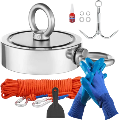 VEVOR Magnet Fishing Kit, 1700 LBS/771 Kg Double-Sided Pulling Force Strong Magnet Fishing Kit, Rare Earth Neodymium Magnetic Fishing Kit Includes Grappling Hook, Heavy Duty Rope, Gloves and Eyebolt