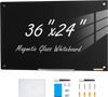 VEVOR Magnetic Glass Whiteboard, Dry Erase Board 36"x24", Wall-Mounted Large White Glassboard Frameless, with Marker Tray, an Eraser and 2 Markers, Black