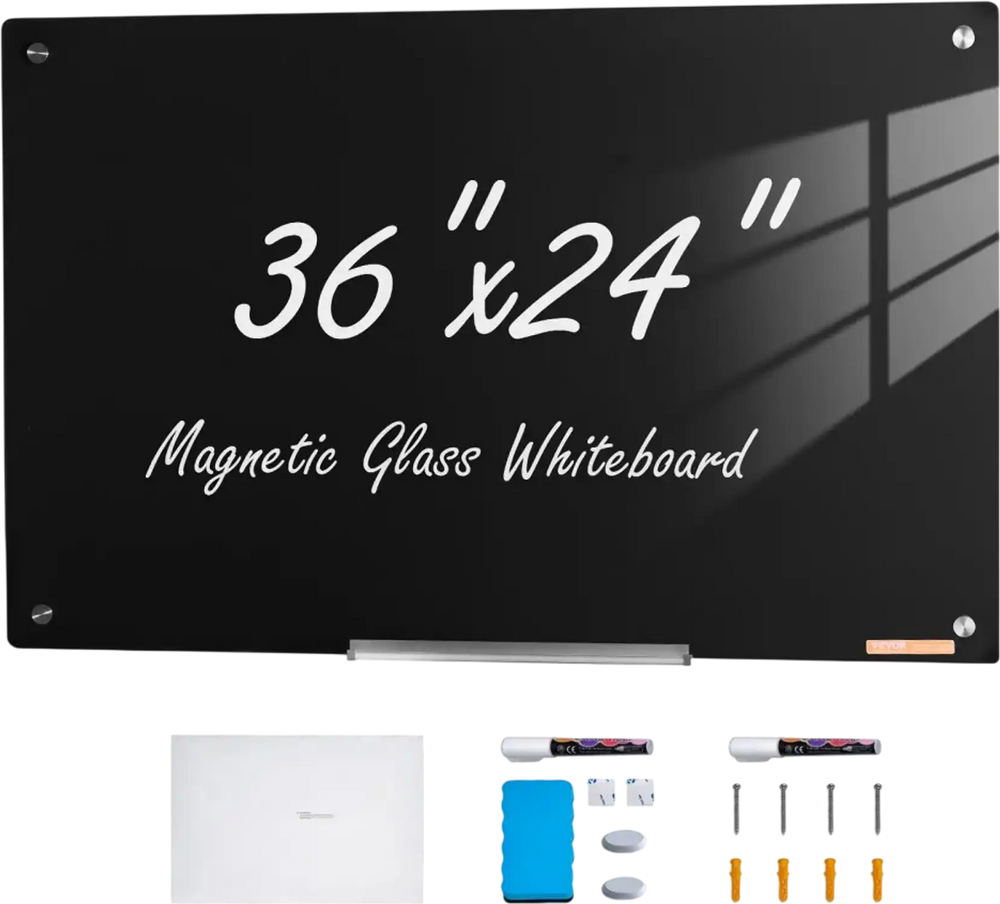 VEVOR Magnetic Glass Whiteboard, Dry Erase Board 36"x24", Wall-Mounted Large White Glassboard Frameless, with Marker Tray, an Eraser and 2 Markers, Black