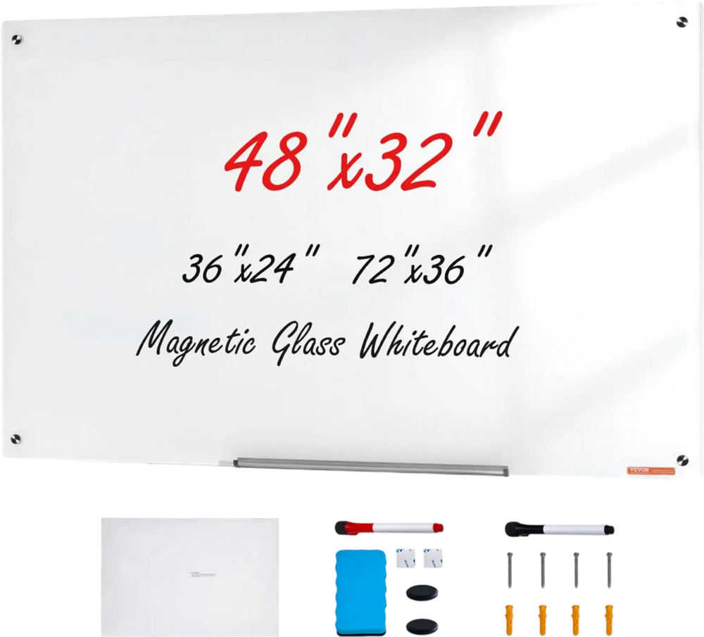 VEVOR Magnetic Glass Whiteboard, Dry Erase Board 48"x32", Wall-Mounted Large White Glassboard Frameless, with Marker Tray, an Eraser and 2 Markers, White