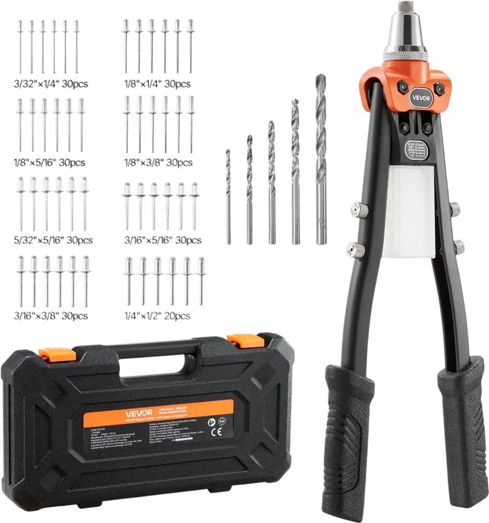 VEVOR Pop Rivet Gun Kit, with 230 Blind Rivets, Two-Handed Riveter with 5 Interchangeable Nosepieces, 5 Drill Bits, and a Carrying Case, Manual Riveting Tool for Metal, Automotive, Home, and DIY