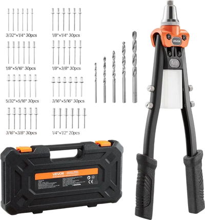 VEVOR Pop Rivet Gun Kit, with 230 Blind Rivets, Two-Handed Riveter with 5 Interchangeable Nosepieces, 5 Drill Bits, and a Carrying Case, Manual Riveting Tool for Metal, Automotive, Home, and DIY