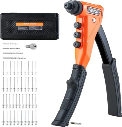 VEVOR Pop Rivet Gun Kit, with 200 Blind Rivets, Heavy Duty Single Hand Riveter with 4 Interchangeable Nosepieces, 4 Drill Bits, and a Carrying Case, Manual Riveting Tool for Metal, Automotive, Home