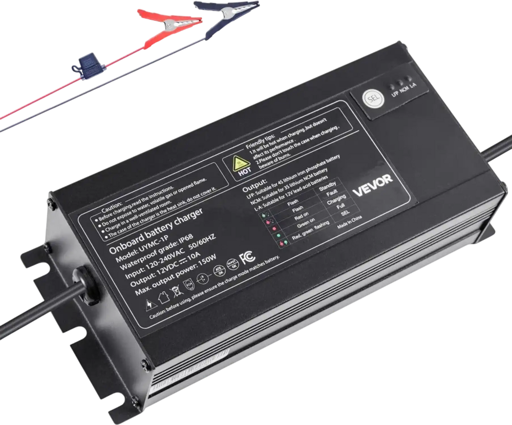 VEVOR Marine Battery Charger, 1-Bank, 10A 12V Onboard Boat Charger, IP68 Waterproof Smart On-Board Battery Charger, for Lithium-Ion (LiFePO4), NCM, Lead-Acid Batteries, Large Boat, Yacht, RV, Trailer