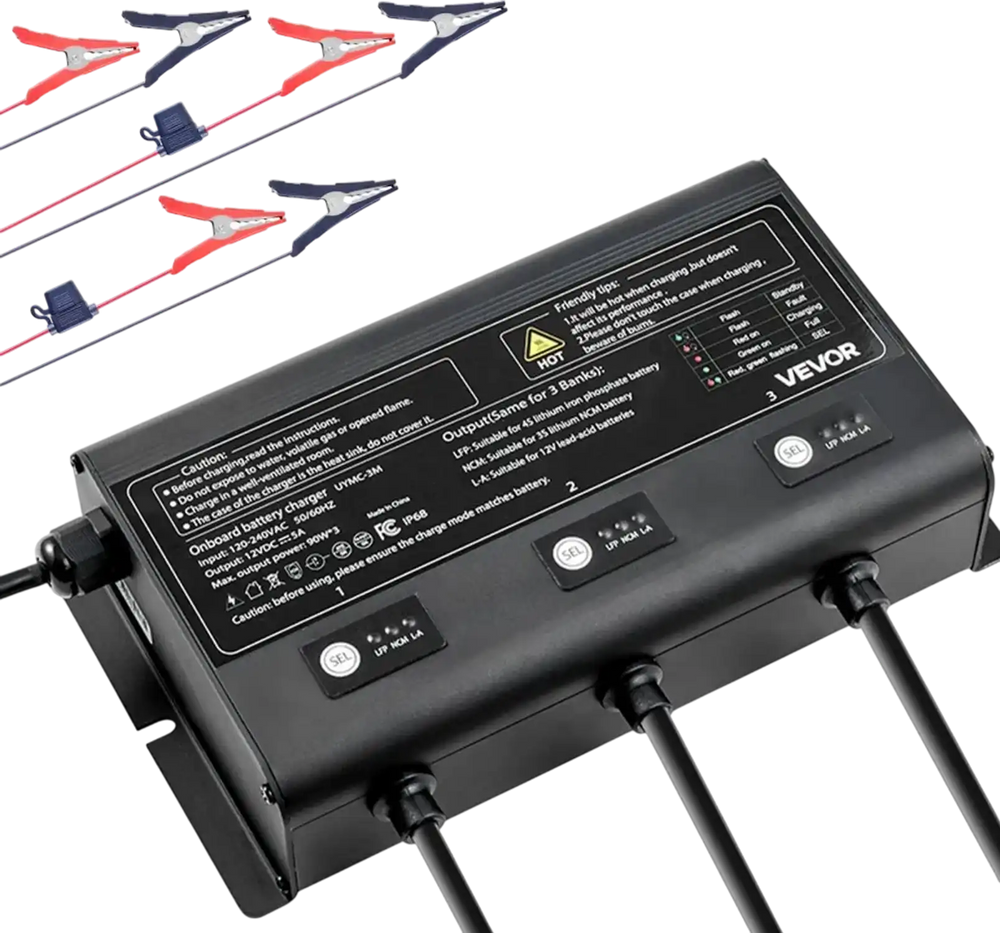 VEVOR Marine Battery Charger, 3-Bank, 5A 12V Onboard Boat Charger, IP68 Waterproof Smart On-Board Battery Charger, for Lithium-Ion (LiFePO4), NCM, Lead-Acid Batteries, Large Boat, Yacht, RV, Trailer