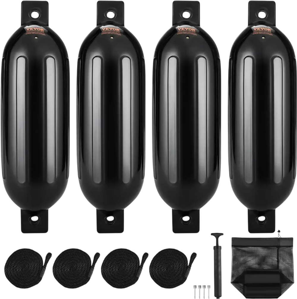 VEVOR Boat Fenders, 5.5" x 20" Boat Bumpers for Docking, Inflatable Ribbed Fender with Center Holes, Marine Boat Dock Fender Bumper with Air Pump, 4 Needles and 4 Ropes and Storage Bag, Black