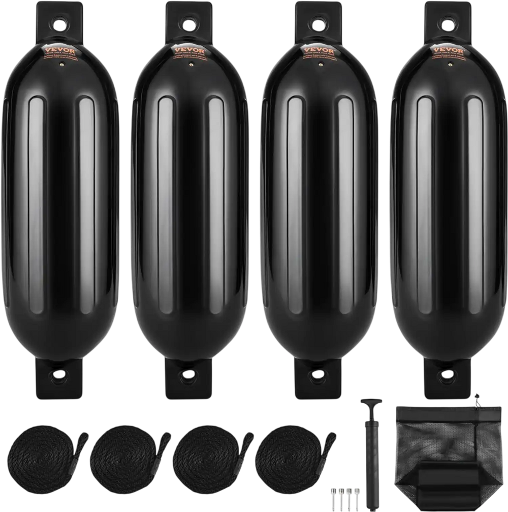VEVOR Boat Fenders, 6.5" x 23" Boat Bumpers for Docking, Inflatable Ribbed Fender with Center Holes, Marine Boat Dock Fender Bumper with Air Pump, 4 Needles and 4 Ropes and Storage Bag, Black