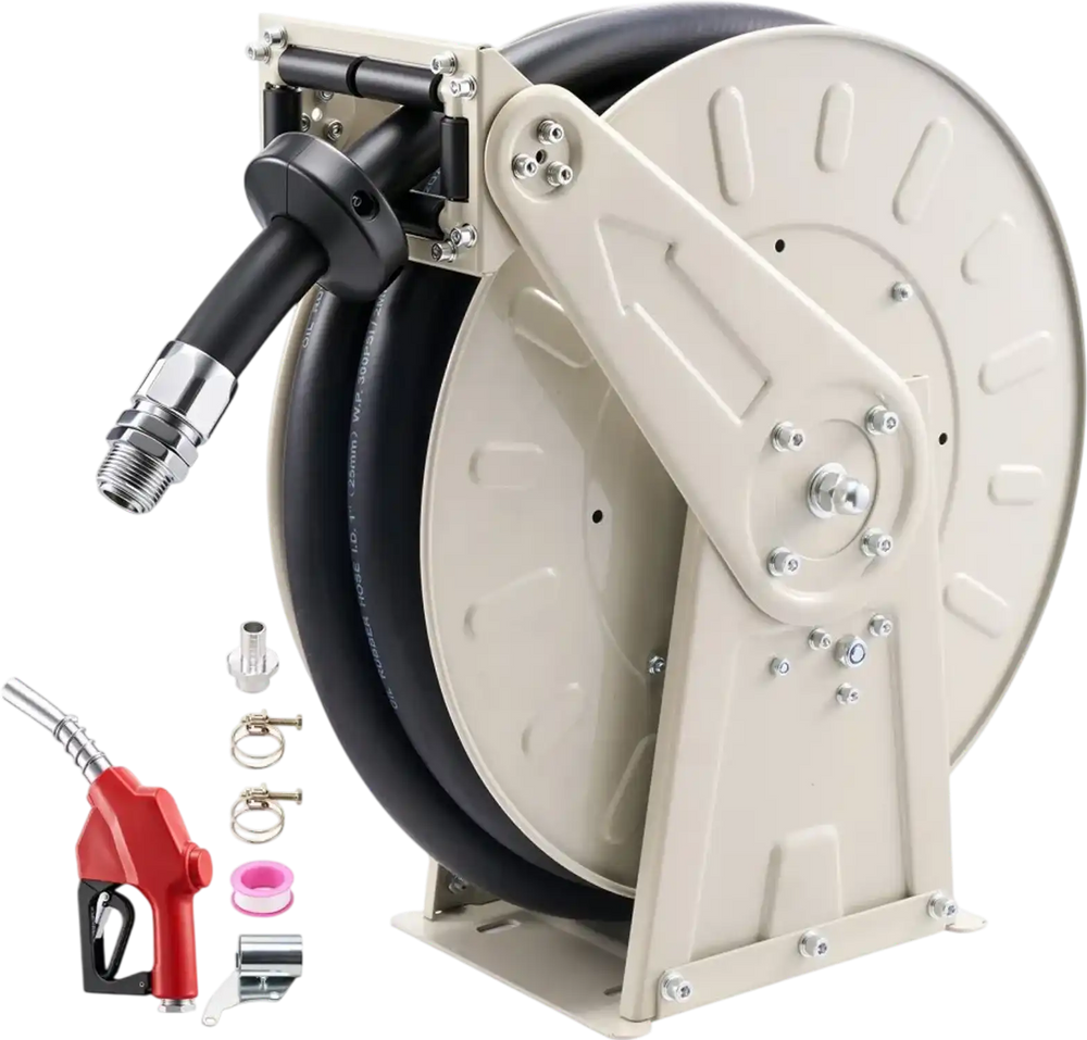VEVOR Fuel Hose Reel, 1 inch x 33 ft Retractable, Spring Driven Auto Swivel Rewind, 300 PSI, Heavy-Duty Carbon Steel Construction with Industrial Grade Rubber Hose, for Diesel Fuel, Kerosene