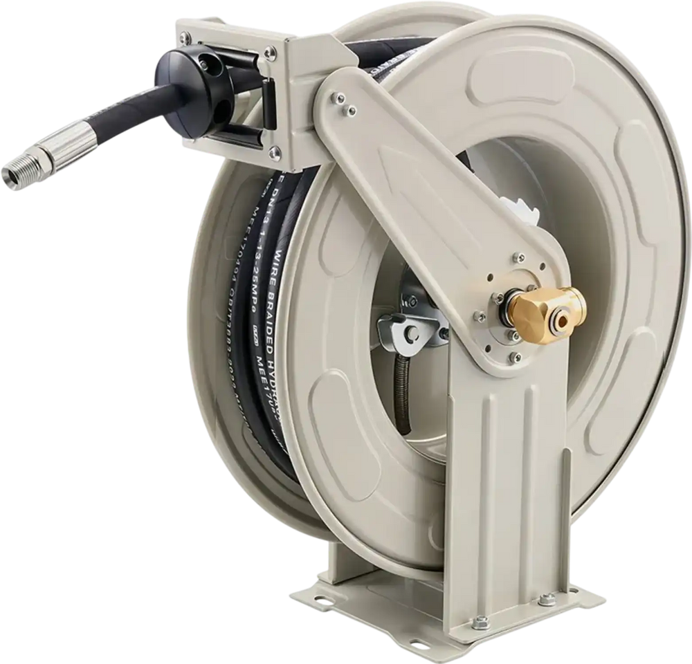 VEVOR Oil Hose Reel, 1/2 inch x 50 ft Retractable, Spring Driven Auto Swivel Rewind, Max 3625 PSI, Heavy-Duty Carbon Steel Construction with Steel Wire Braided Hose, for Engine / Gear / Hydraulic Oil