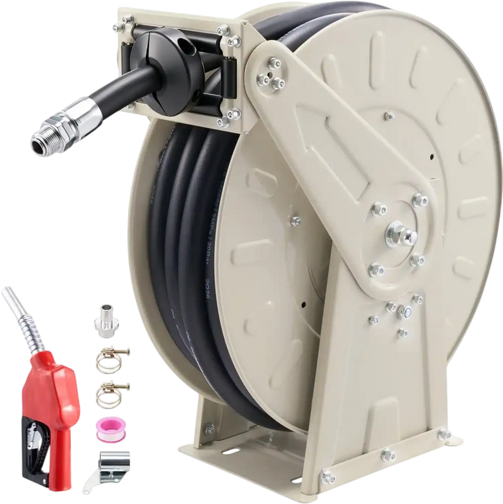VEVOR Fuel Hose Reel, 3/4 inch x 50 ft Retractable, Spring Driven Auto Swivel Rewind, 300 PSI, Heavy-Duty Carbon Steel Construction with Industrial Grade Rubber Hose, for Diesel Fuel, Kerosene