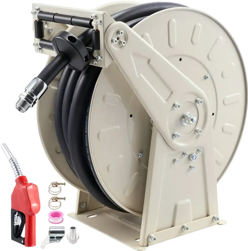 VEVOR Fuel Hose Reel, 3/4 inch x 66 ft Retractable, Spring Driven Auto Swivel Rewind, 300 PSI, Heavy-Duty Carbon Steel Construction with Industrial Grade Rubber Hose, for Diesel Fuel, Kerosene