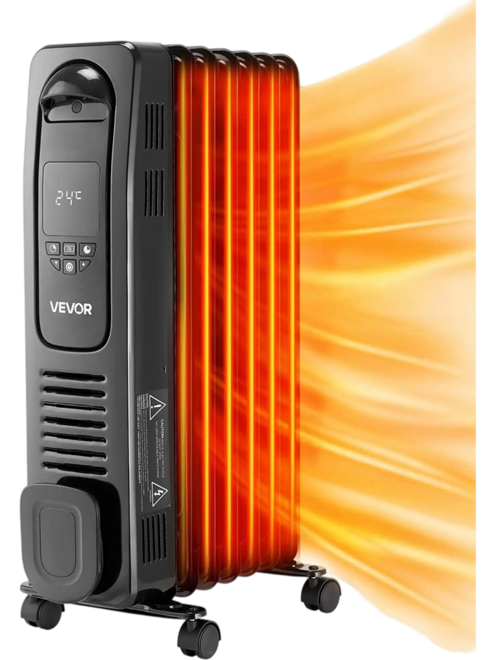 VEVOR Electric Oil Filled Radiator, 1500W Radiant Space Heater with LED Screen, Over-Heat Protections,24h Timer, Portable Handle Casters, Thermostat,Remote Control for Indoor Use,Black