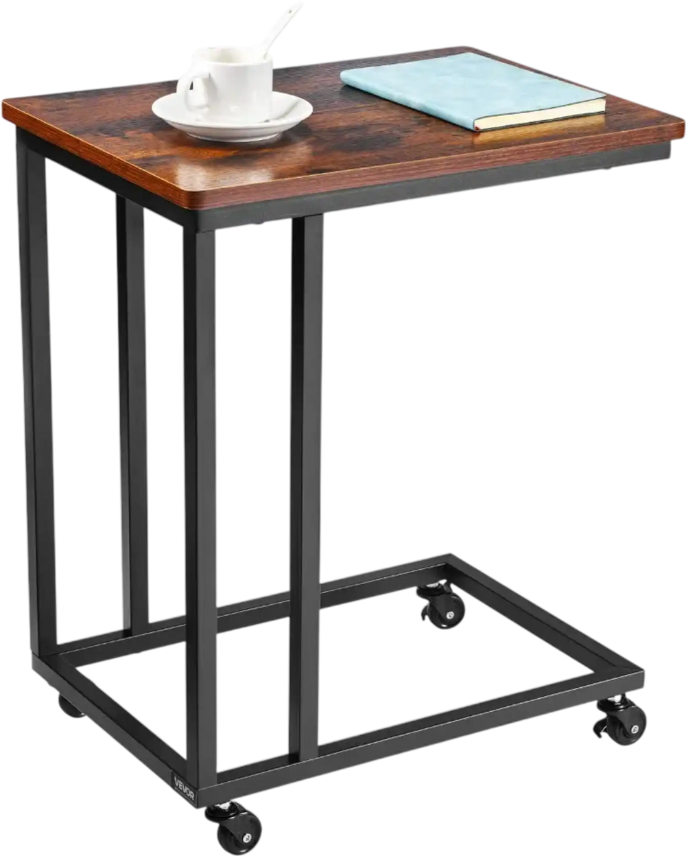 VEVOR C Table, C Shaped Sofa Side Table with Metal Frame Rolling Casters, Portable C Shaped End Stand for Living Room Bedroom Office, 19.69 x 13.78 x 23.82 inches Laptop Side Tables, Brown and Black