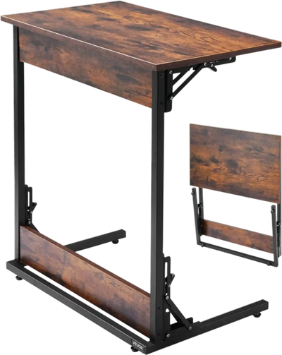 VEVOR C Table, Folding C Shaped End Table with Metal Frame & Adjustable Feet, Foldable C Shaped Side Table for Living Room Bedroom Office, 23.62 x 14.57 x 27.56 inch C Shaped TV Tray, Brown and Black