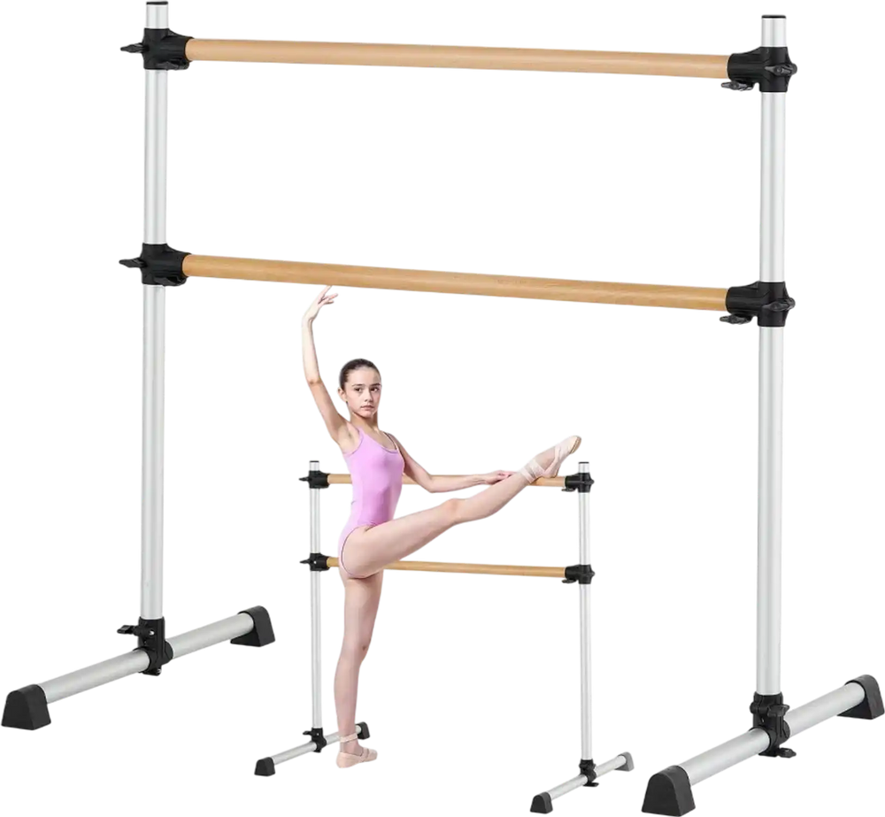VEVOR Ballet Barre, 4 Ft Double Beechwood Barre Bar for Home, Freestanding Portable Ballet Stretching Dance Bars, Height Adjustable Anti-Wobble Fitness Gym Equipment, for Pilates Balance Workout