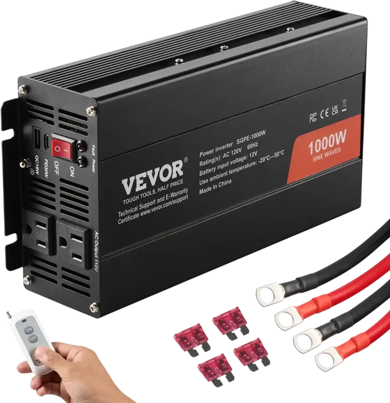 Vevor Power Inverter 1000W Pure Sine Wave DC 12V to AC 120V with 2 AC Outlets USB Type-C Remote Control New