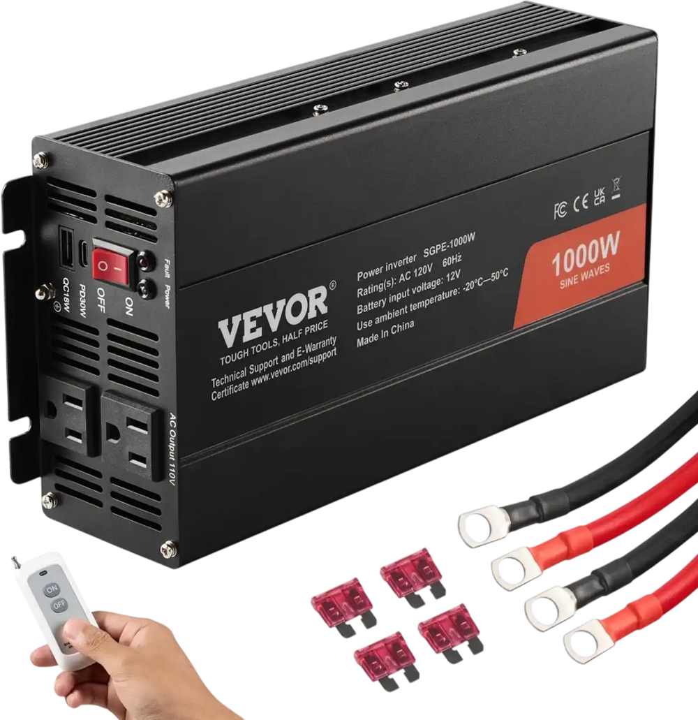 VEVOR Sine Wave Converter, 1000W, DC 12V to AC 120V, with Dual AC Sockets, 1 USB, 1 Type-C, Remote Operation for Portable Electronics, CE FCC Approved