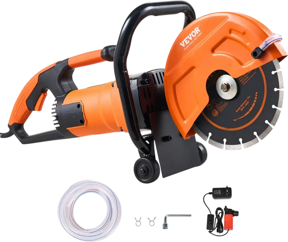 VEVOR Electric Concrete Saw, 9 in, 1800 W Motor Circular Saw Cutter with 3.5 in Cutting Depth, Wet/Dry Disk Saw Cutter Includes Water Line, Pump and Blade, for Stone, Brick