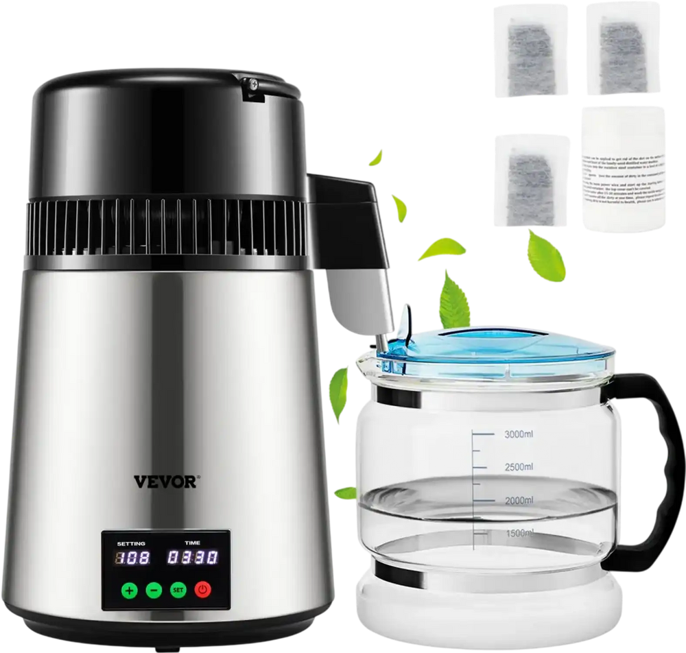 VEVOR 1.1 Gal Water Distiller, 0.3 Gal/H, 750W Distilled Water Maker Machine 0-99H Timing Set Temp Display, 304 Stainless Steel Countertop Distiller Glass Carafe Cleaning Powder 3 Carbon Packs, Silver