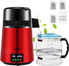 VEVOR 1.1Gal Water Distiller, 0.3Gal/H, 750W Distilled Water Maker Machine 0-99H Timing Setting Temp Display, 304 Stainless Steel Countertop Distiller Glass Carafe Cleaning Powder 3 Carbon Packs, Red