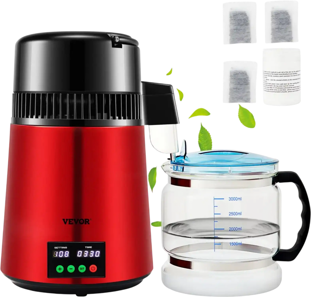 VEVOR 1.1Gal Water Distiller, 0.3Gal/H, 750W Distilled Water Maker Machine 0-99H Timing Setting Temp Display, 304 Stainless Steel Countertop Distiller Glass Carafe Cleaning Powder 3 Carbon Packs, Red
