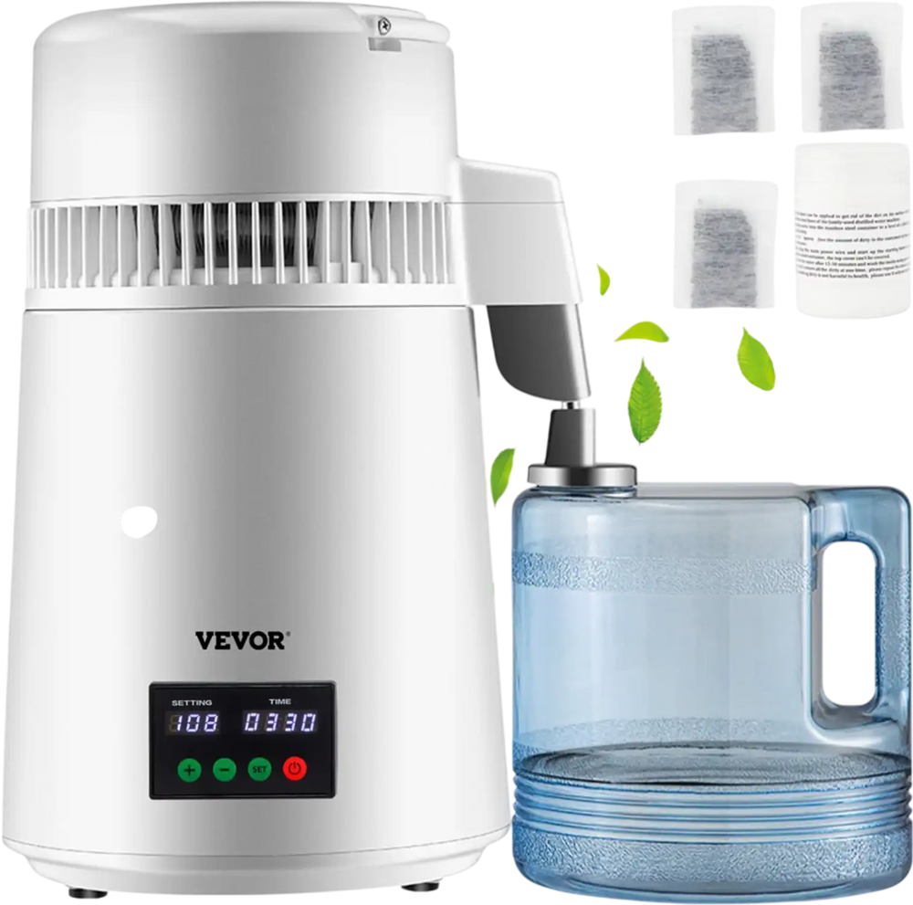 VEVOR 1.1Gal Water Distiller, 0.3Gal/H, 750W Distilled Water Maker Machine 0-99H Timing Set Temp Display, 304 Stainless Steel Countertop Distiller Plastic Carafe Cleaning Powder 3 Carbon Packs, White