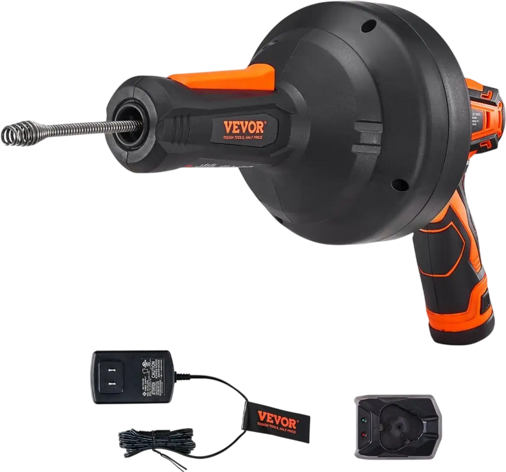 VEVOR 12V Electric Drain Auger, 25FT Cordless Plumbing Snake Auto Feed, Pipeline Snake Drain Clog Remover with Power Drill for 3/4"-2" Pipes, 2.0Ah Battery and Charger Included