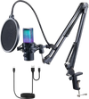 VEVOR USB Microphone, 192 kHz/24-bit, Professional Condenser Microphone Kit with Boom Arm Stand Pop Filter Shock Mount, 11 RGB Lighting Effects Mute Button Headphones Jack for Recording Gaming Singing