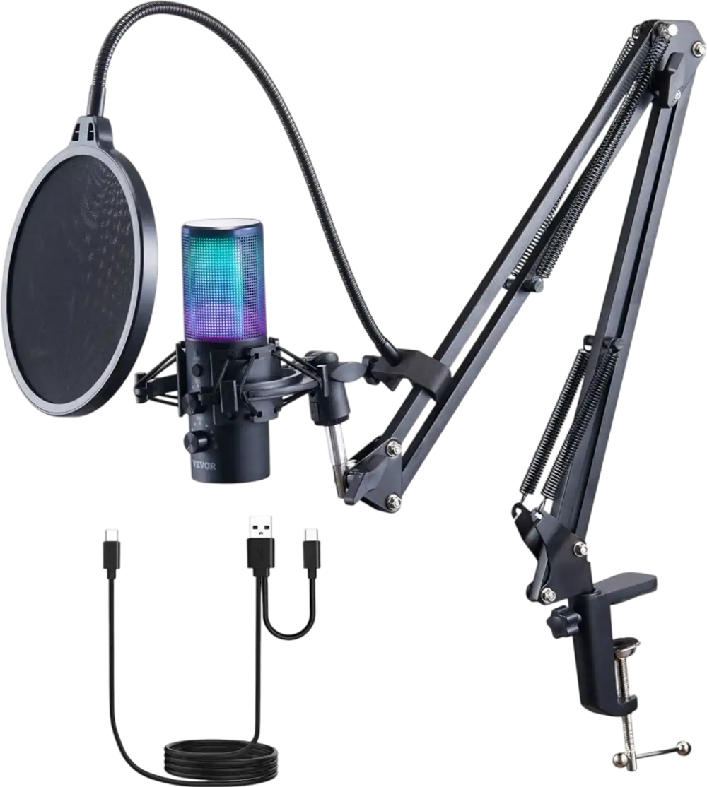 VEVOR USB Microphone, 192 kHz/24-bit, Professional Condenser Microphone Kit with Boom Arm Stand Pop Filter Shock Mount, 11 RGB Lighting Effects Mute Button Headphones Jack for Recording Gaming Singing