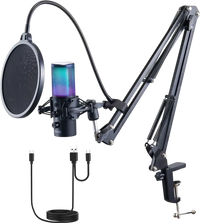 VEVOR USB Microphone, 192 kHz/24-bit, Professional Condenser Microphone Kit with Boom Arm Stand Pop Filter Shock Mount, 11 RGB Lighting Effects Mute Button Headphones Jack for Recording Gaming Singing