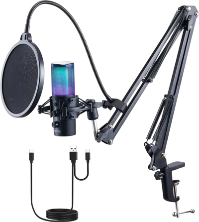 Vevor Microphone Kit USB Condenser Podcast Microphone with Boom Arm, Pop Filter & 11 RGB Lighting New