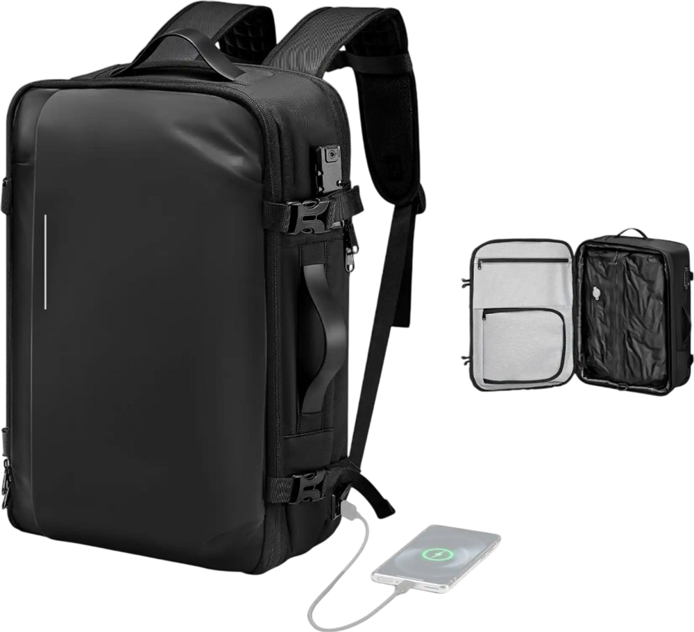 VEVOR Vacuum Travel Backpack, 65L, Expandable Vacuum Seal Compression Travel Backpack, with TSA-Approved Lock, Multiple Pockets Compartments, Water-Resistant Carry-On Suitcase Luggage, No Pump, Black
