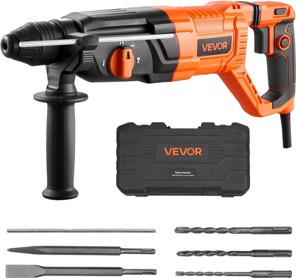VEVOR Rotary Hammer Drill, 1-1/8 in SDS-Plus Electric Corded Heavy Duty Rotary Hammer, 4 Functions, Including 3 Drill Bits, Flat Chisel, Pointed Chisel, and Carrying Case, for Concrete and Masonry