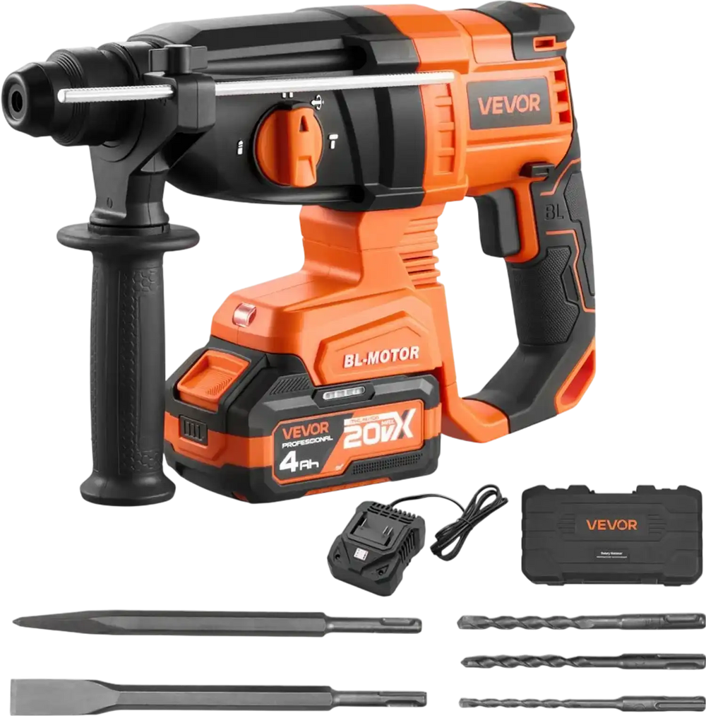 VEVOR Rotary Hammer Drill, 7/8 in SDS-Plus Cordless, 20V Battery Powered Rotary Hammer, Brushless, Including Battery, Charger, 3 Drill Bits, Flat Chisel, Pointed Chisel, Carrying Case, for Concrete