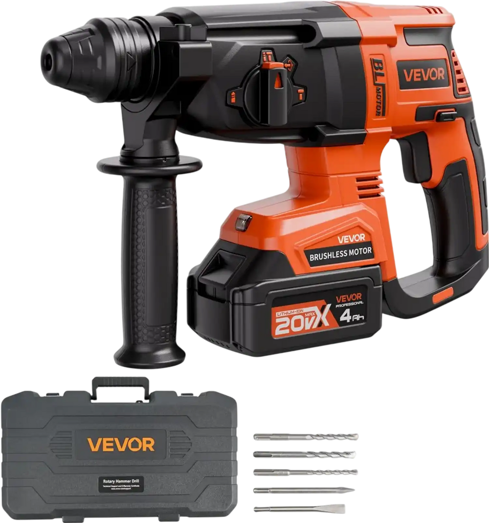 VEVOR 20V Brushless Cordless Hammer Drill, Lithium-Ion 1 Inch Rotary Hammer Driver, SDS-Plus Electric Lightweight Power Tool Kit with Battery and Charger, 4 Functions, 1200 RPM, 5300 BPM