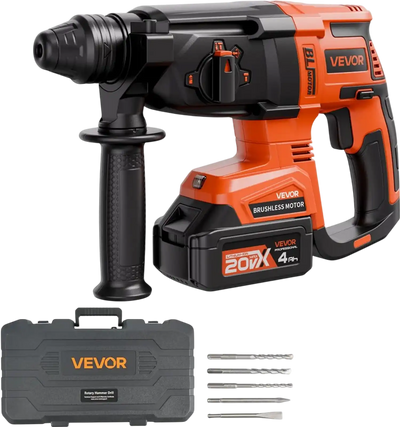 VEVOR 20V Brushless Cordless Hammer Drill, Lithium-Ion 1 Inch Rotary Hammer Driver, SDS-Plus Electric Lightweight Power Tool Kit with Battery and Charger, 4 Functions, 1200 RPM, 5300 BPM