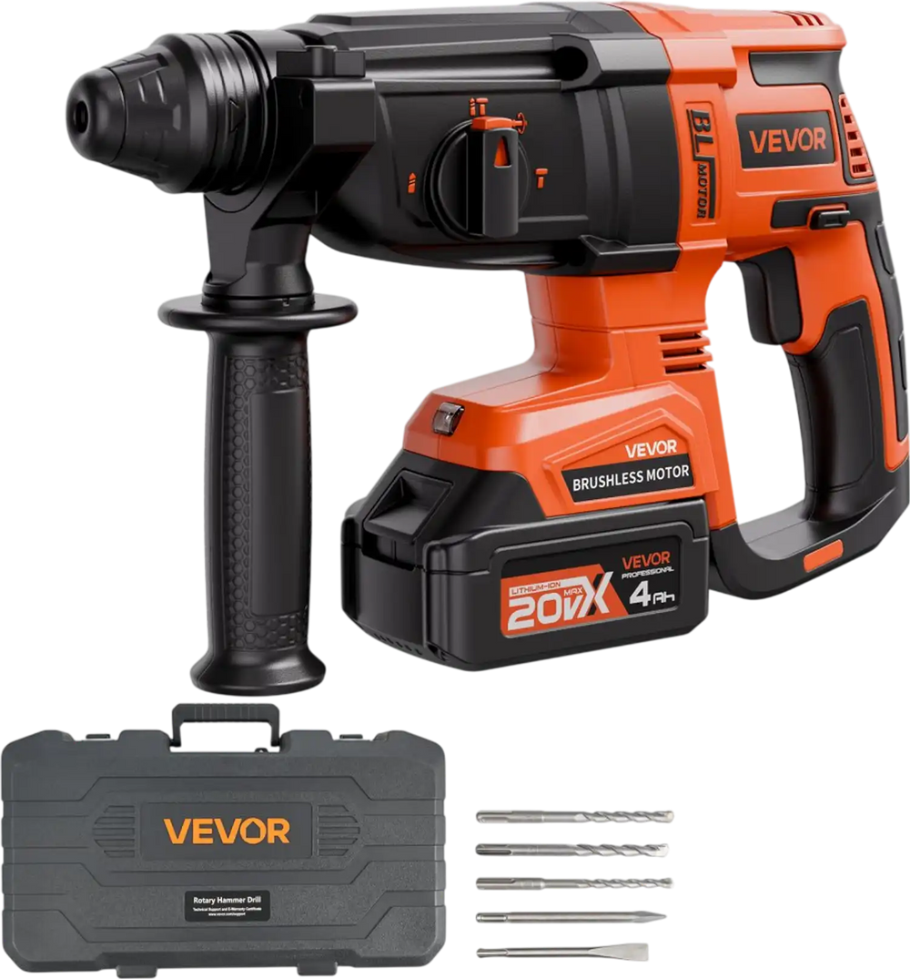 VEVOR 20V Brushless Cordless Hammer Drill, Lithium-Ion 1.1 Inch Rotary Hammer Driver, SDS-Plus Electric Lightweight Power Tool Kit with Battery and Charger, 4 Functions, 1200 RPM, 5300 BPM