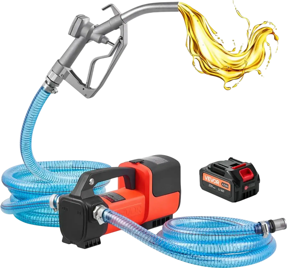 VEVOR Fuel Transfer Pump Battery Powered 12 GPM Portable Diesel Pump Kit, for Diesel Kerosene Fueling on Farm Boat Truck Tractor, 4.0Ah Battery, 1/4 HP Motor, with Manual Fuel Nozzle, Discharge Hose