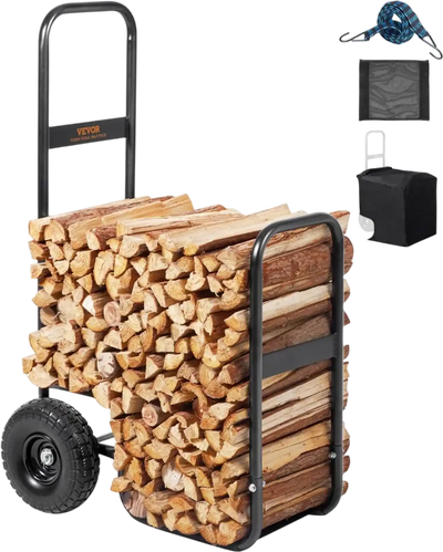 Vevor Firewood Log Cart Heavy-Duty 250 lbs Wood Rack Storage Mover with PU Wheels & Waterproof Cloth New