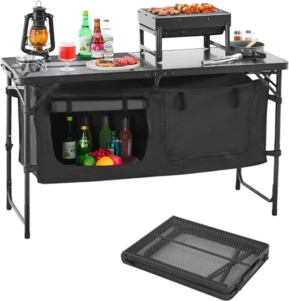 VEVOR Camping Kitchen Table, Folding Outdoor Cooking Table, 3 Adjustable Heights, Aluminum Lightweight Portable Cook Station with Storage Organizer, Carry Handle, for BBQ Party Picnic RV Travel, Black