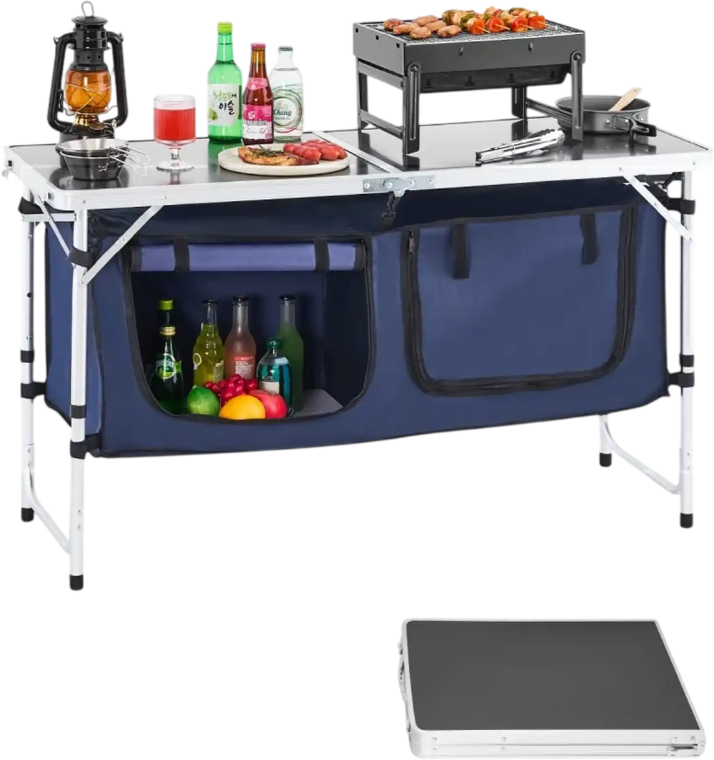 VEVOR Camping Kitchen Table, Folding Outdoor Cooking Table, 3 Adjustable Height, Aluminum Lightweight Portable Cook Station with Storage Organizer, Carry Handle, for BBQ Party Picnic RV Travel, Blue