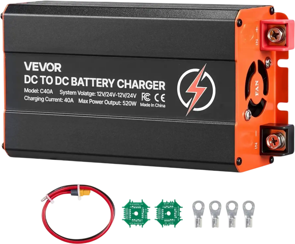 VEVOR DC to DC Battery Charger, 520W, 40A Alternator Charger, Fast DC-DC Charging for Portable Power Stations, Compatible with LiFePO4 Lead-Acid AGM GEL Batteries, 12V/24V-12V/24V, for RV Home Backup